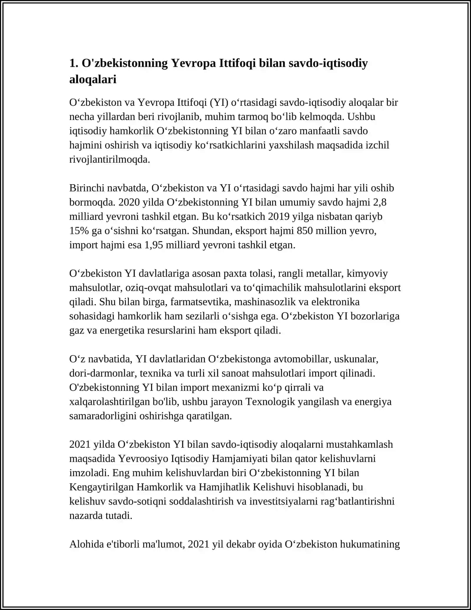 O'ZBEKISTONNING YEVROPA ITTIFOQI MAMLAKATLARI BILAN ISTIQBOLLI HAMKORLIGI 3