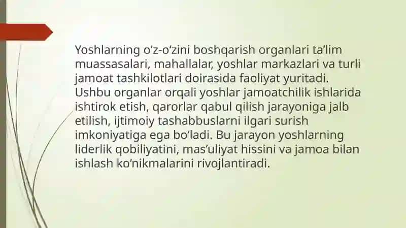 Yoshlarning o'z-o'zini boshqarish organlari faoliyatini rivojlantirish 3