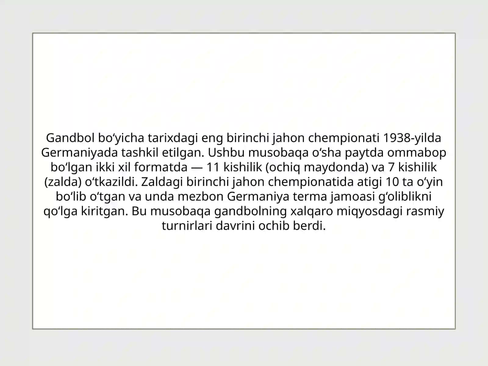 Gandbol o'yini Birinchi Jahon va Yevropa chempianatini o'tkazilishi 3