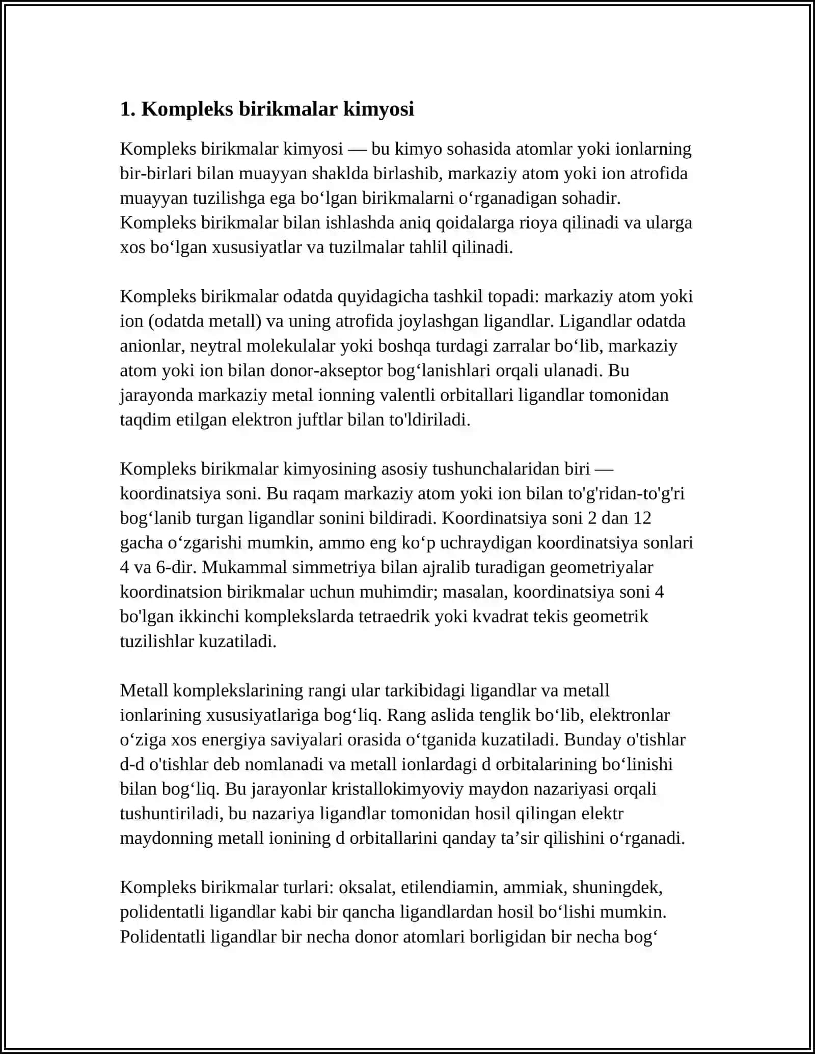 YADRO KIMYOSI. KOMPLEKS BIRIKMALAR. BIOKOMPLEKS BIRIKMALAR. KOMPLEKSONOMETRIYA 3