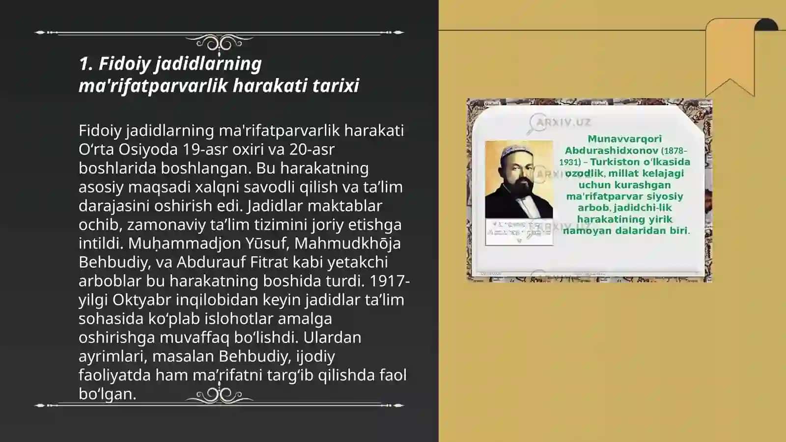 Fidoiy jadid ma'rifatparvarlarning faoliyati va ularning oʻlka marifiy va madaniy hayotida tutgan oʻrni 3