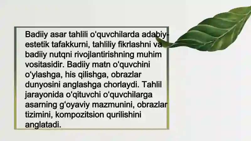 Badiiy asar tahliliga oid qoʻshimcha savol va topshiriqlar tizimini ishlab chiqish. 3