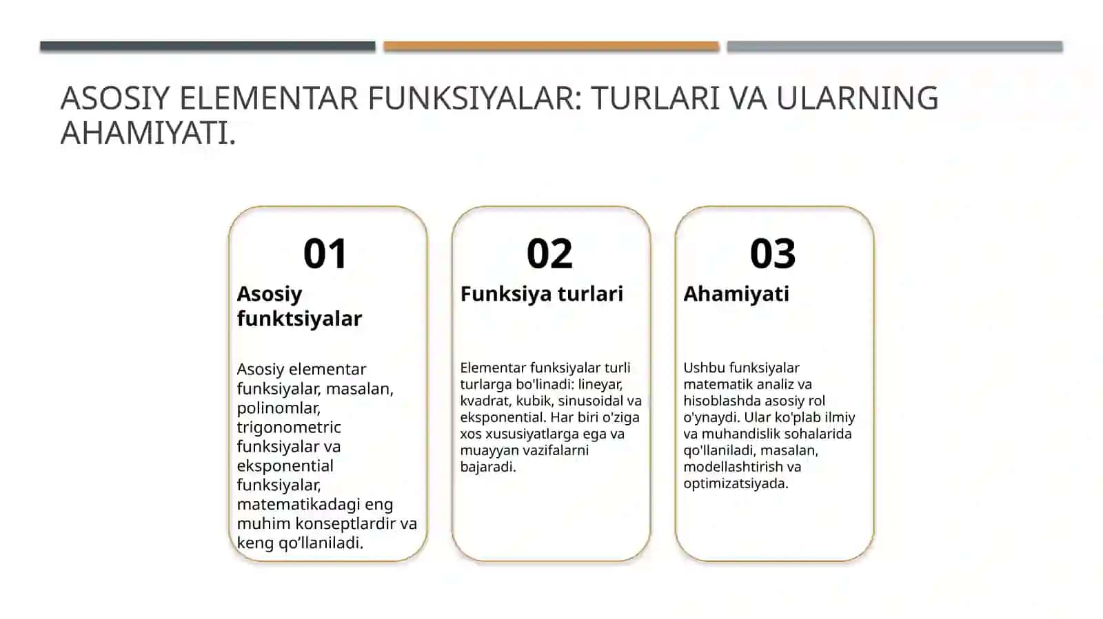 Asosiy elementar funksiyalar va ularning xossalari, grafiklari. Sonli ketma-ketliklar va ularning limiti. cheksiz kichik miqdorlar. Cheksiz katta miqdorlar. 3