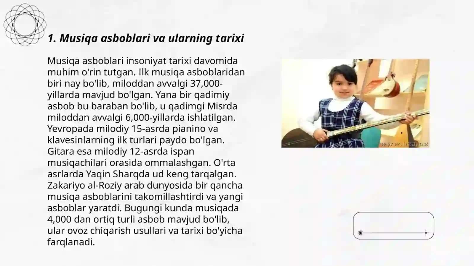 Ilk qadam davlat oʻquv dasturi asosida faoliyat markazlarida maktabgacha yoshdagi bolalarni estetik rivojlantirishni tashkil qilish (Musiqa asboblaridan foydalanishga oʻrgatish) 3