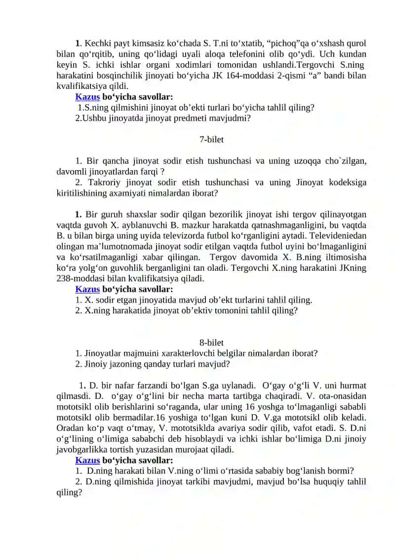 Jinoyat va huquqshunoslik. Bilet 1 3