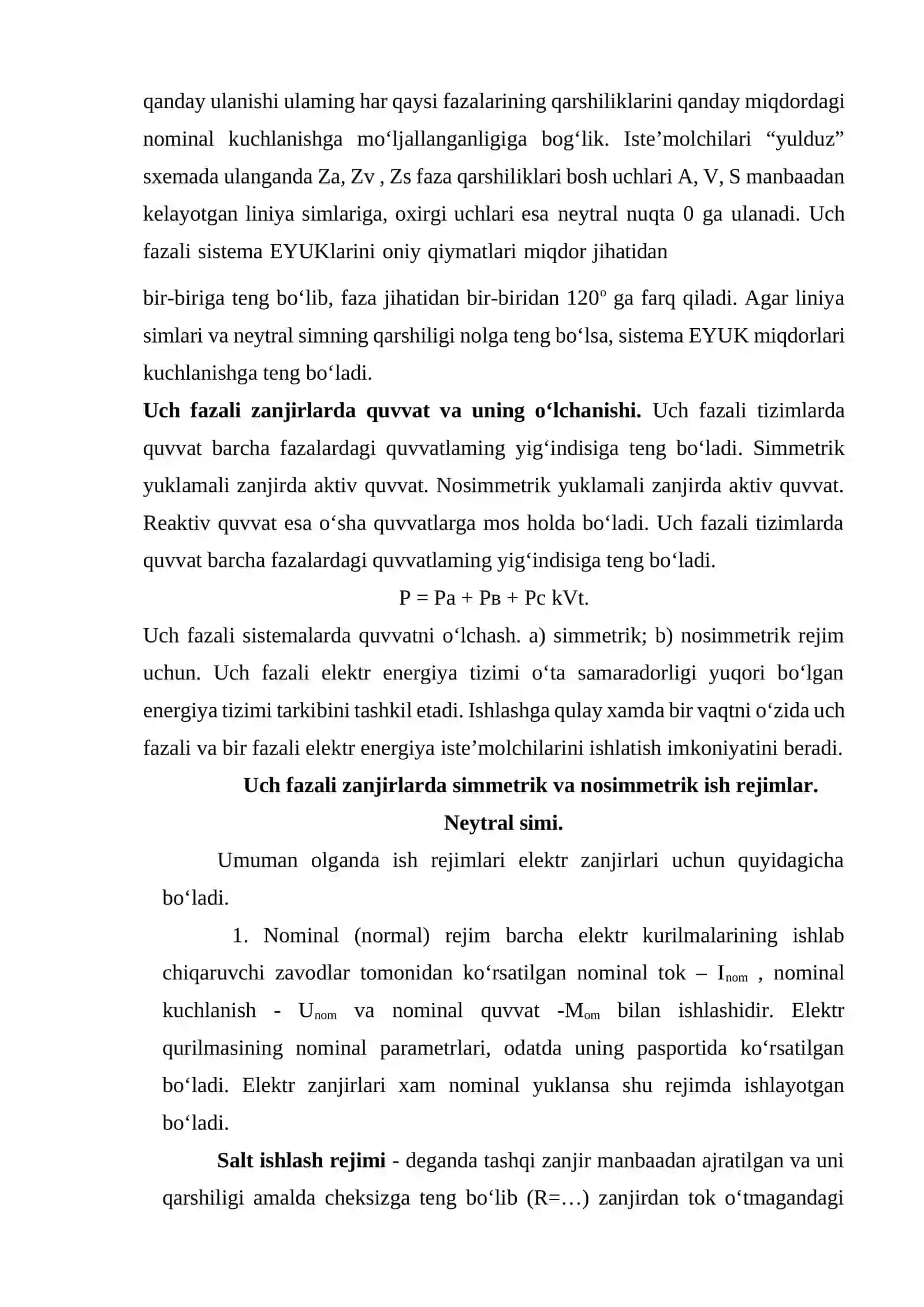 Uch fazali o’zgaruvchan tok tizimi neytrali rejimlari 3
