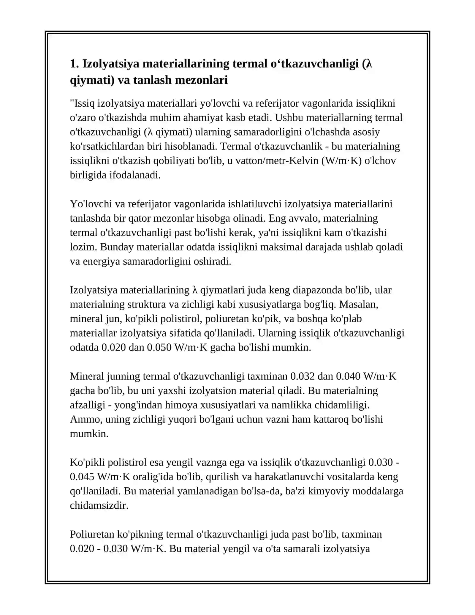 YO'LOVCHI VA REFRIJERATOR VAGONLARIDA ISSIQLIK IZOLYATSIYASI MATERIALLARINI TANLASH 3