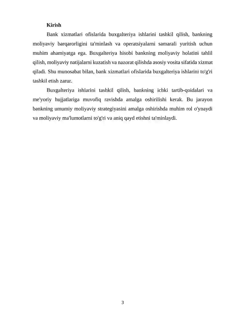 BANK XIZMATLARI OFISLARIDA BUXGALTERIYA ISHLARINI TASHKIL QILISH ASOSLARI referat 3