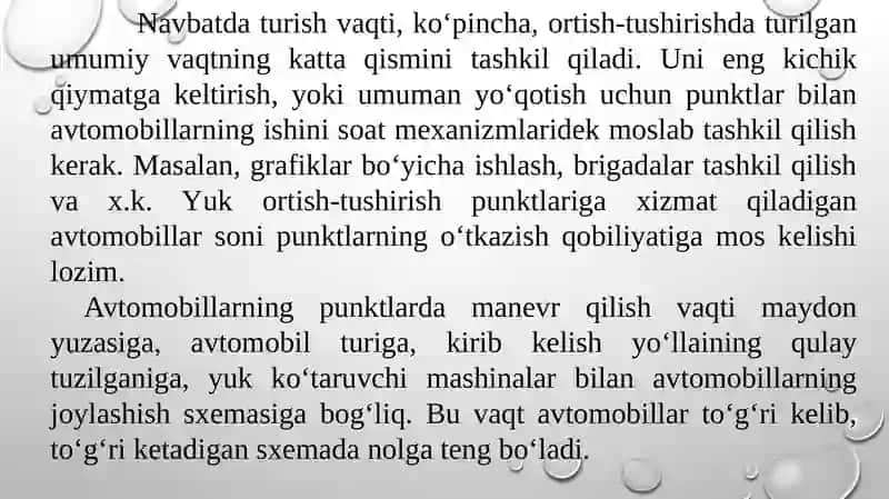 Avtomobillarning yuk ortish va tushirish punktlarida turish vaqti 3