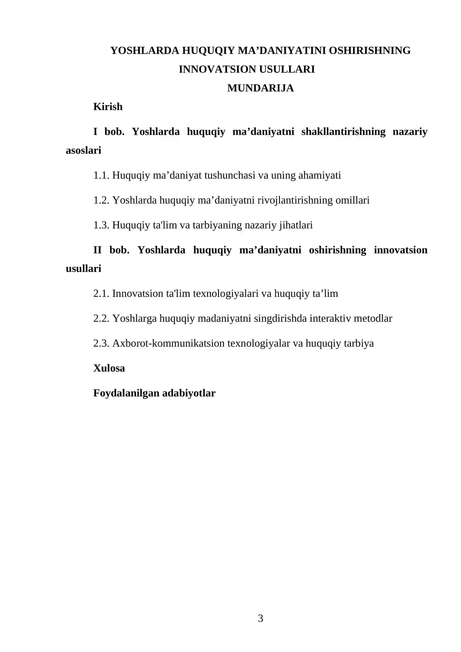 KURS ISHI: YOSHLARDA HUQUQIY MAʼDANIYATINI OSHIRISHNING INNOVATSION USULLARI 3