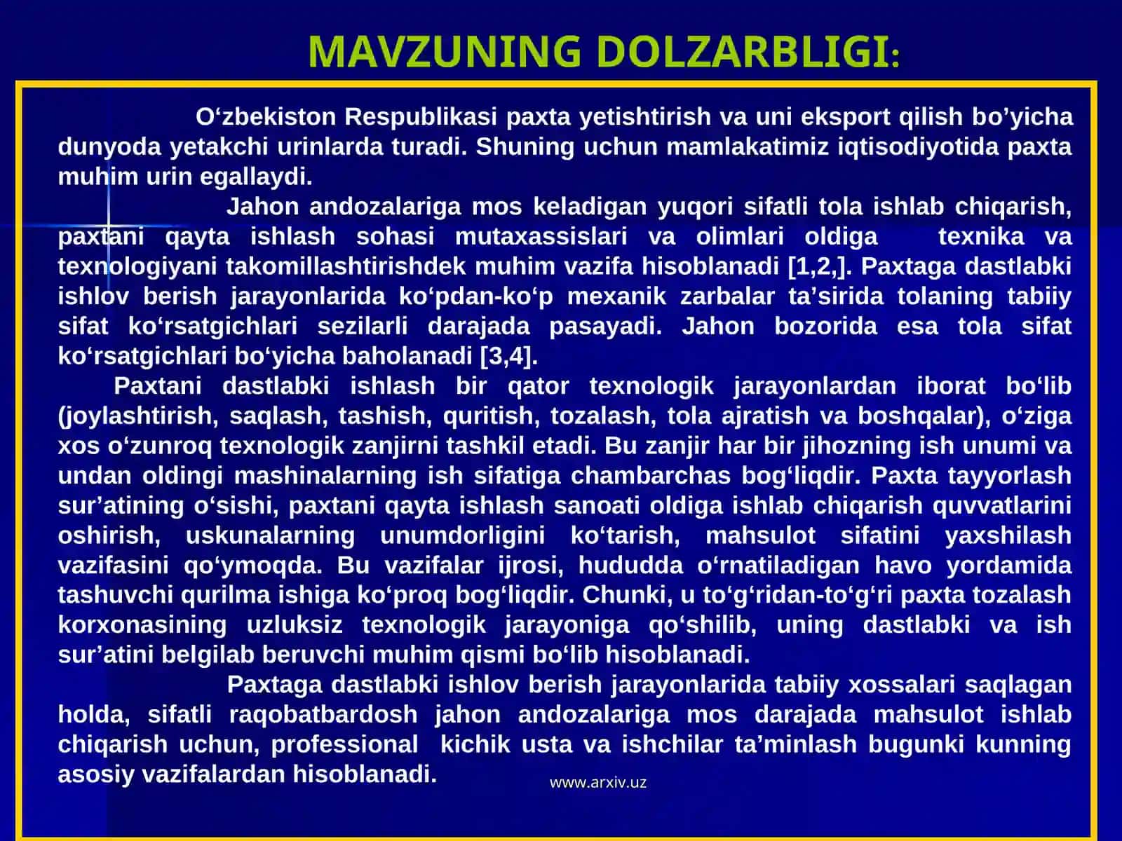 Paxtani dastlabki ishlash texnologiyasida havo yordamida tashish jarayonini samaradorligini oshirish 3