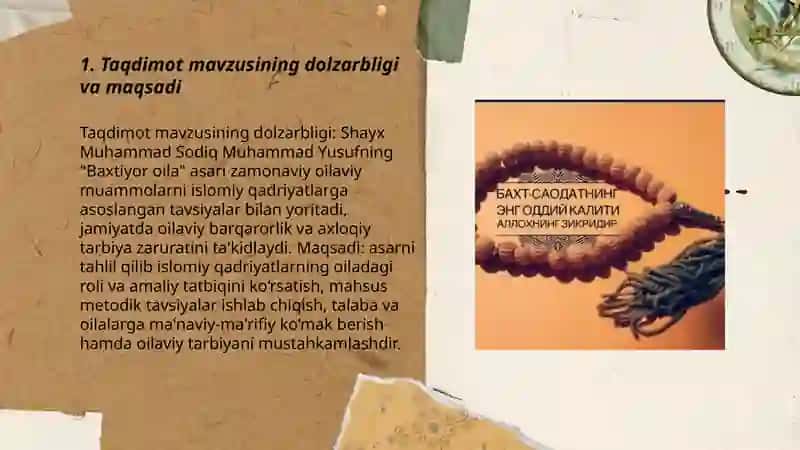 Shayx Muhammad Sodiq Muhammad Yusufning Baxtiyor oila asarida islom qadriyatlarining talqini yuzasidan taqdimot tayyorlash 3