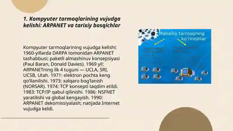 Kompyuter tarmoqlarining tarixi. Kompyuter tarmoqlarining nomlanishiga sabablar va ularning xususiyatlari farqlari 3