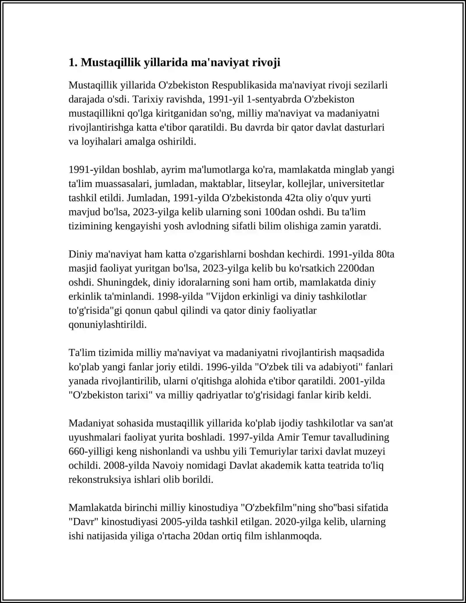 MUSTAQILLIK YILLARIDA MA'NAVIYAT, MADANIYAT VA TA'LIM SOHASIDAGI ISLOHATLAR 3