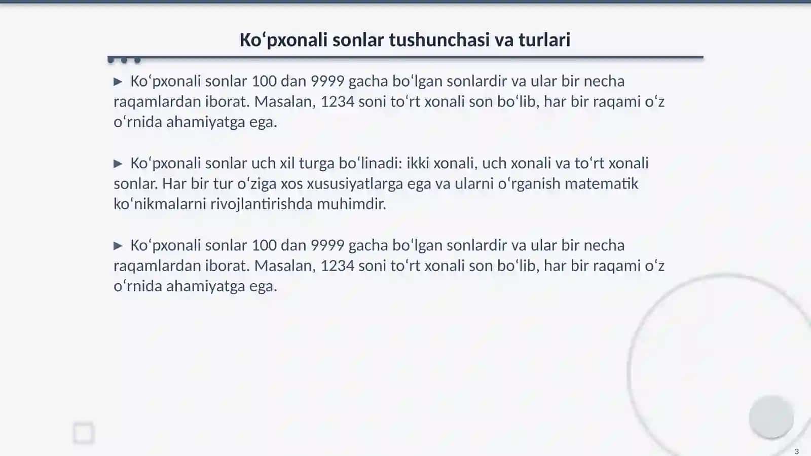 Ko‘pxonali sonlar ustida ishlash va ular ustida arifmetik amallar bajarishni o‘rganish dars ishlanmasi 3