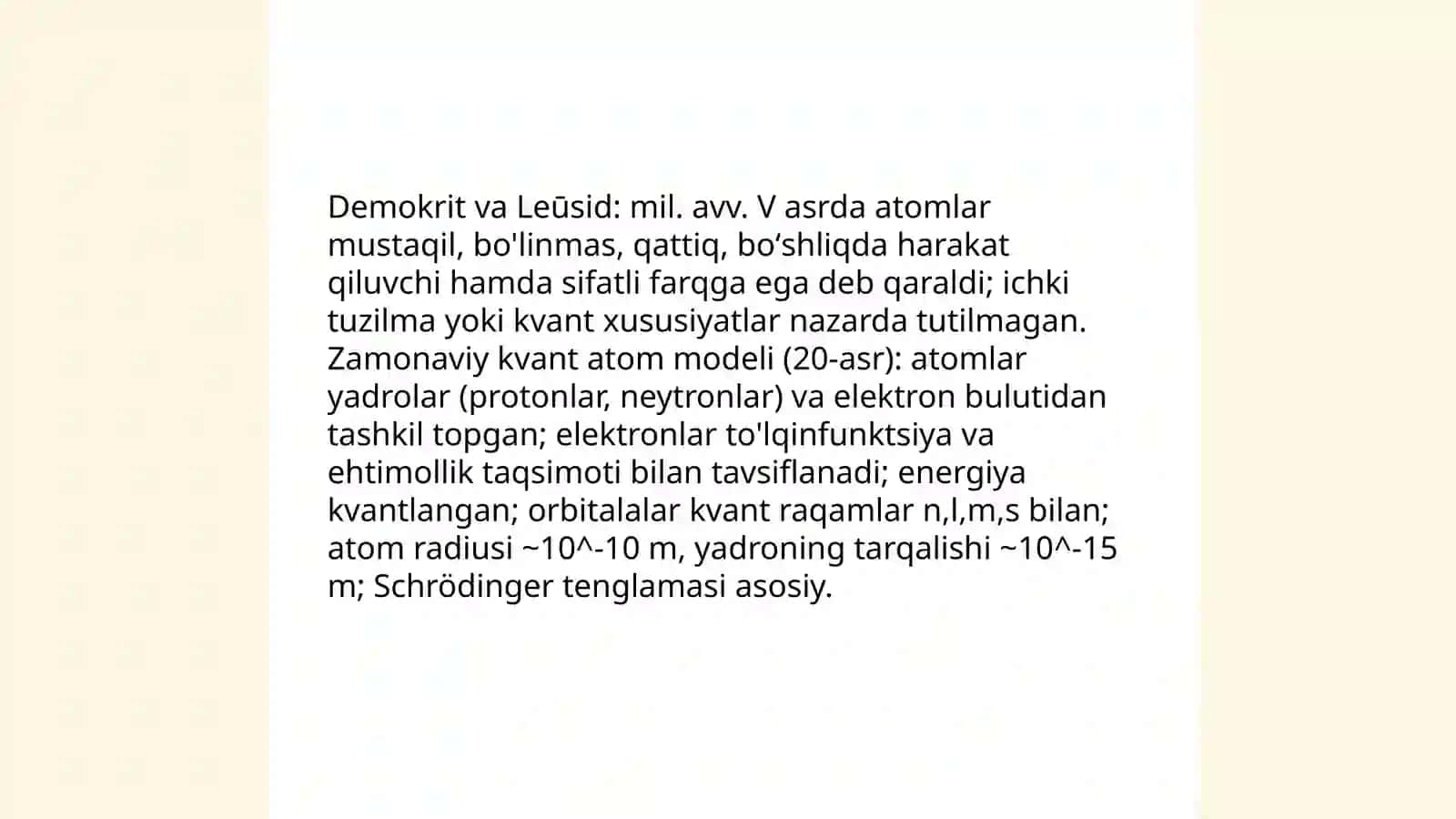 Yunon faylasuflarining atom va element toʻgʻrisidagi tushunchalarni hozirgi zamon maʼlumotlari bilan taqqoslash 3