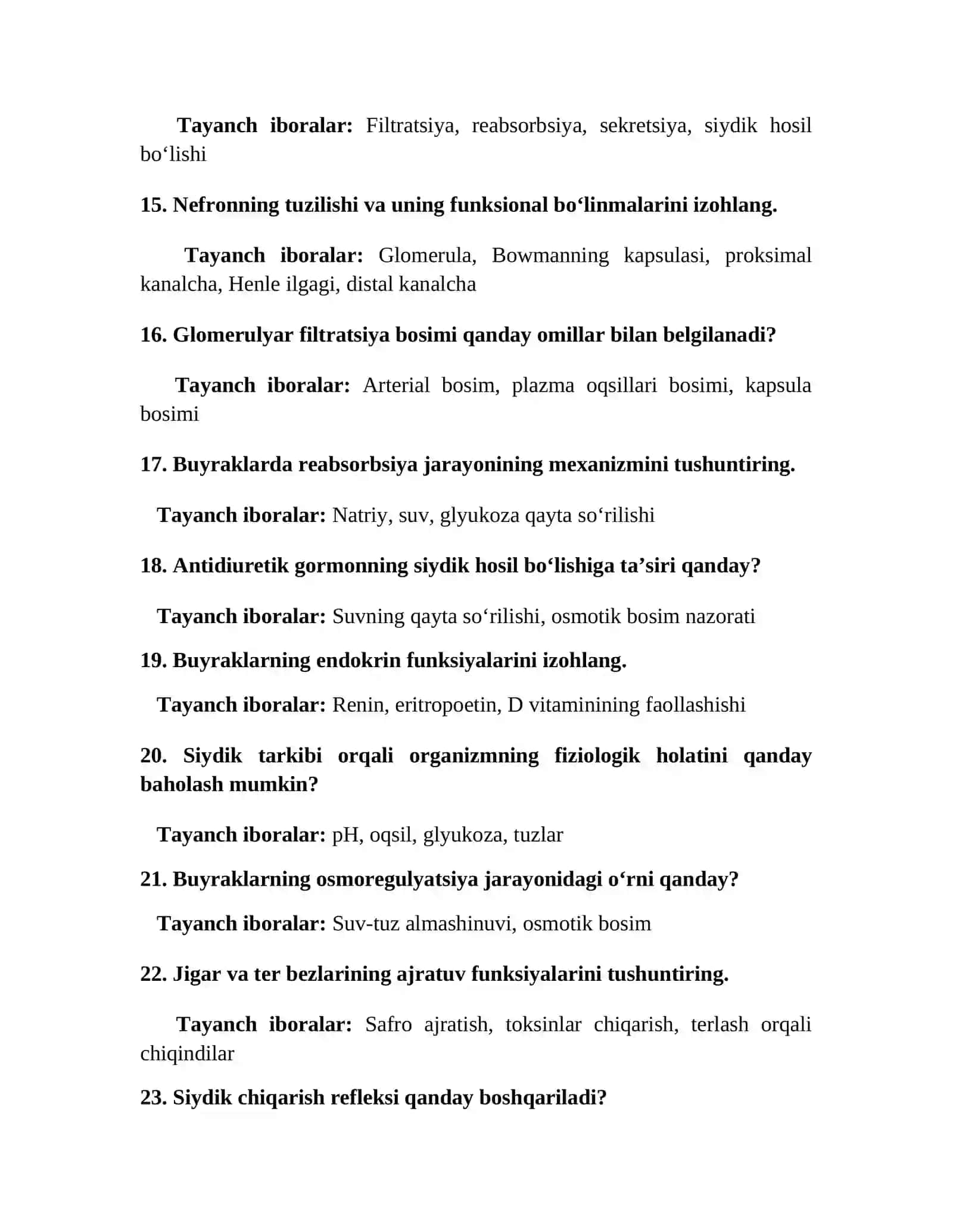 Biologiya yo`nalishi 7-semestr "Odam anatomiyasi va fizologiyasi" fanidan Yakuniy nazorat uchun savollar 2025-26 o`quv yili 3
