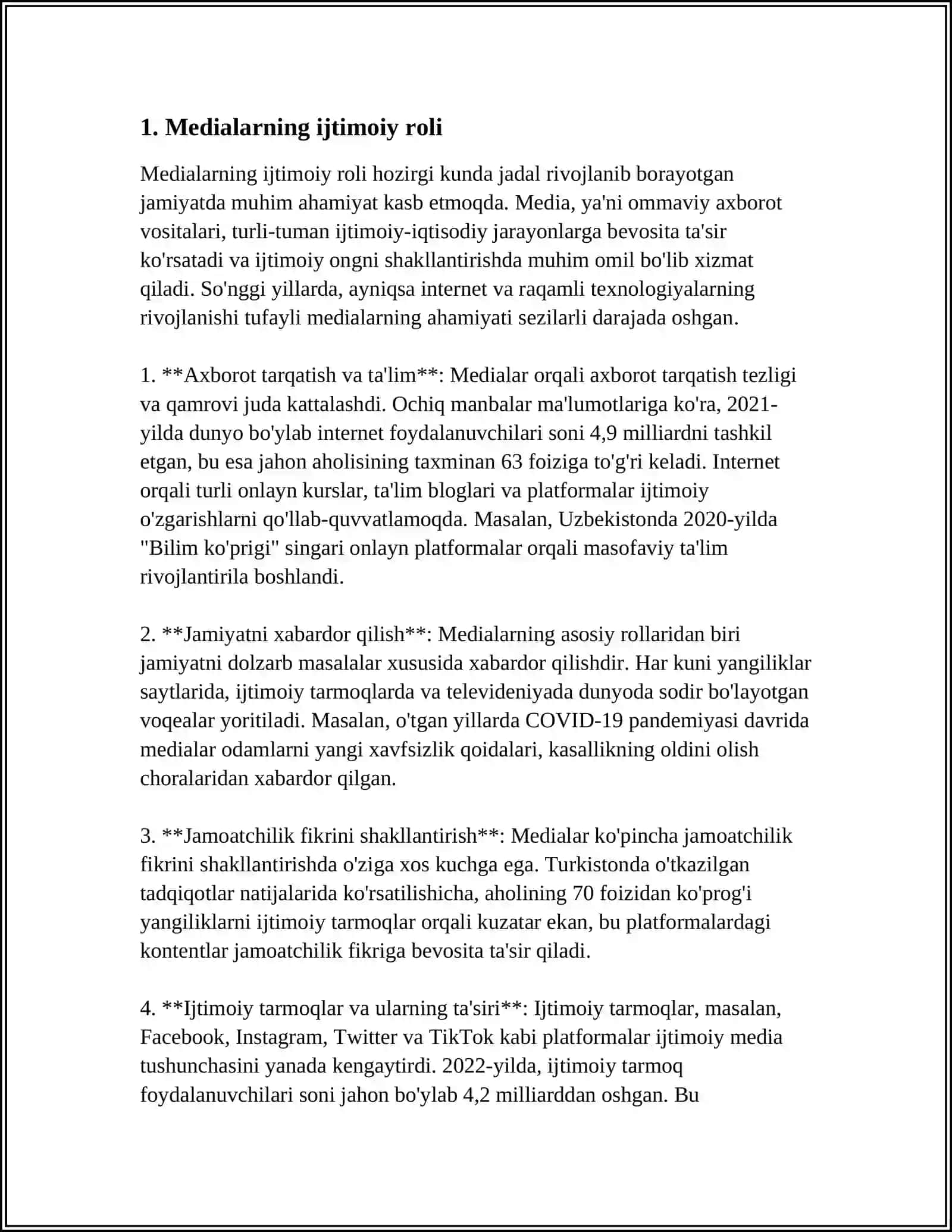 MUSTAQIL ISH Mavzu: MEDIALARNING IJTIMOIY MAZMUNI 3