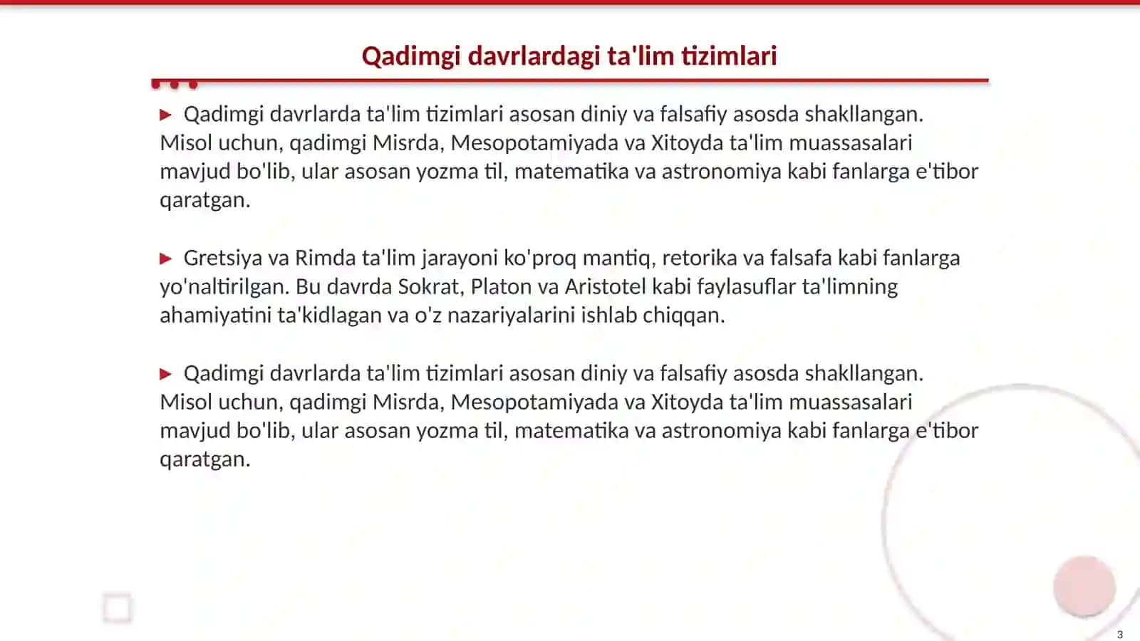 Eng qadimgi davrlardan XIX asrning birinchi yarmida jahon pedagogika fanining rivojlanish tarixi. Ya.A.Komenskiyning pedagogik nazariyasi 3