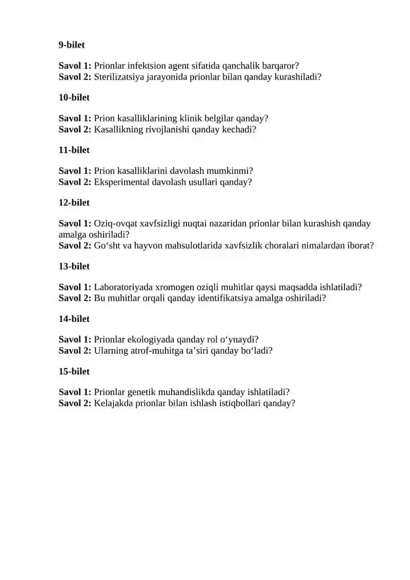 Prionlar haqida tushuncha, kelib chiqishi prion kasalliklari, amaliyotda ahamiyati. Oziq muhitlar,  xromogen oziqli  muhitlar, identifikasiyada  qo’llanilishi 3