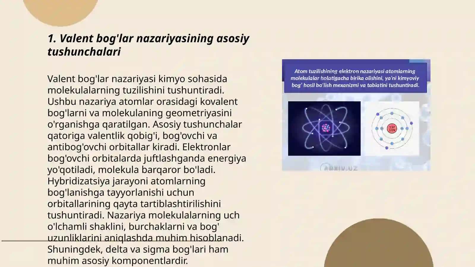 Valent bog'lar nazariyasi. Molekulyar orbitallar usuli. Geteroatomli molekulalarning xosil bolishini MO usulida organish 3