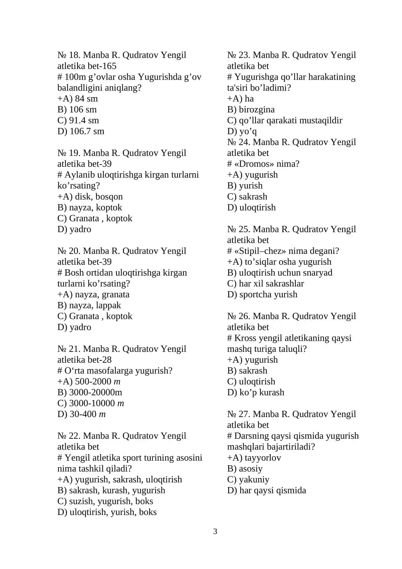 Yengil atletika va uni o’qitish metodikasi” test savollari 3