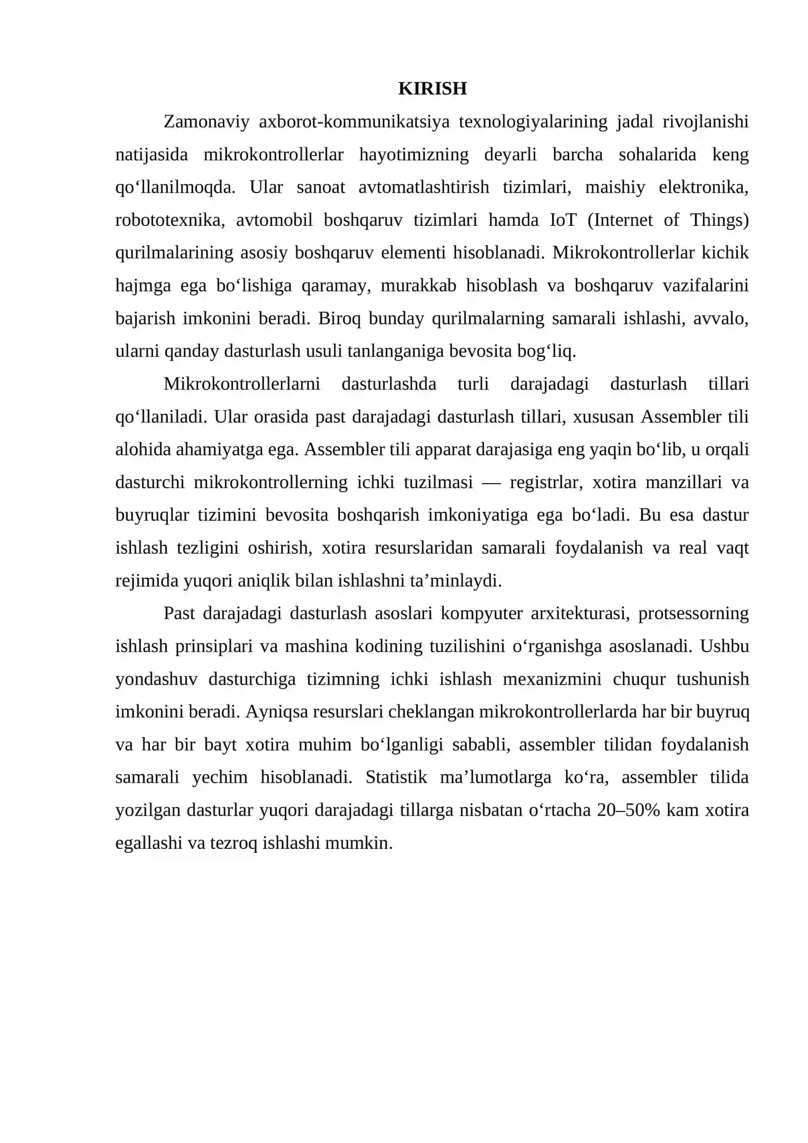 Assembler tilining mikrokontrollerlar uchun ahamiyati va past darajadagi dasturlash asoslari 3