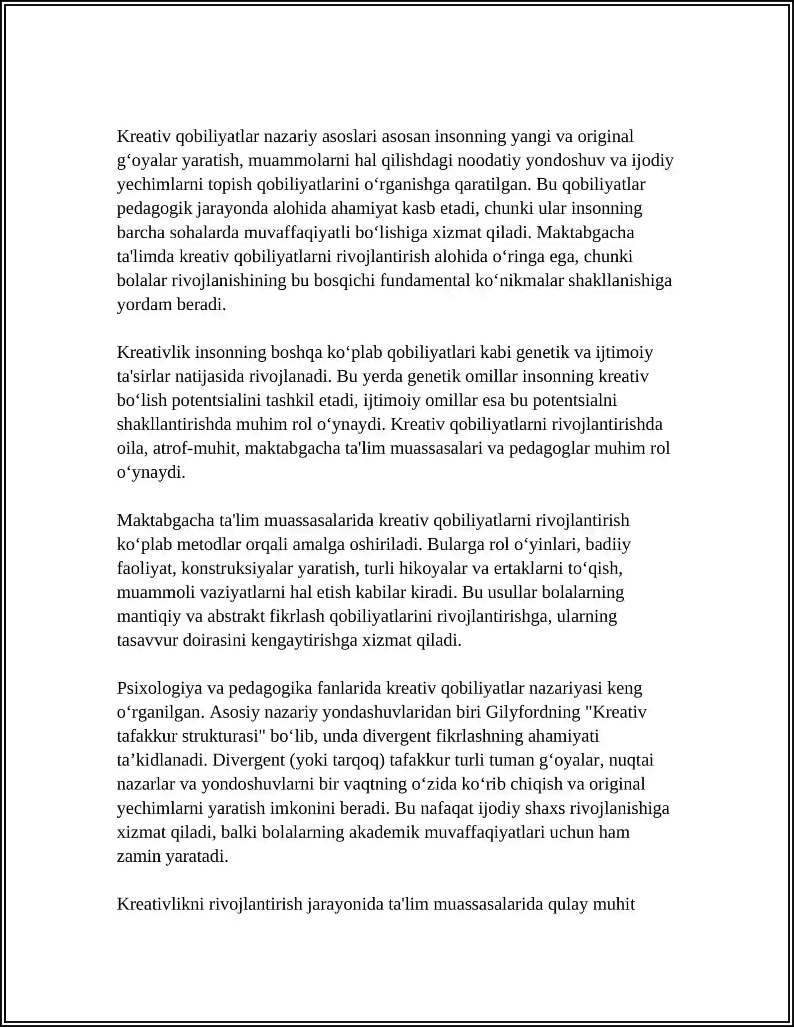 BO'LAJAK MAKTABGACHA TA'LIM PEDAGOGLARINI KREATIV QOBILIYATLARINI RIVOJLANTIRISH MAZMUNI 3