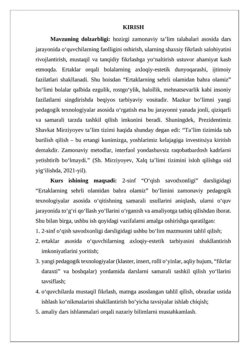 2-SINF O‘QISH SAVODXONLIGI DARSLIGIDAGI “ERTAKLARNING SEHRLI OLAMIDAN BAHRA OLAMIZ” BO‘LIMINI YANGI PEDAGOGIK TEXNOLOGIYALAR VOSITASIDA O‘RGANISH 3