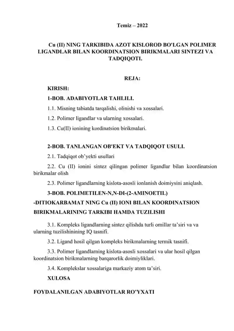 Cu (II) NING TARKIBIDA AZOT KISLOROD BO'LGAN POLIMER LIGANDLAR BILAN KOORDINATSION BIRIKMALARI SINTEZI VA TADQIQOTI 3
