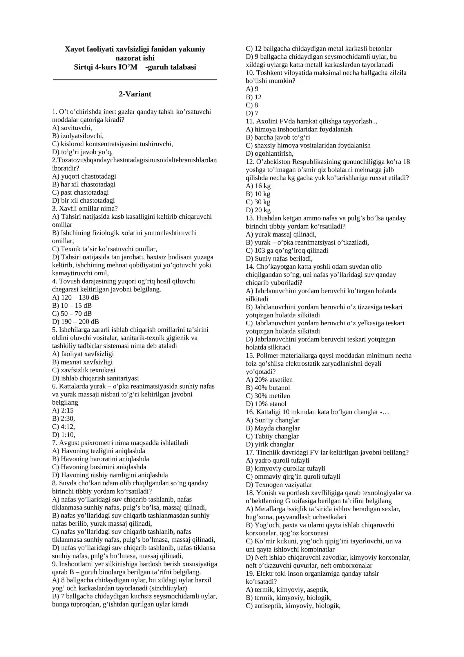 Hayot faoliyati xavfsizligi fanidan testlar. 3