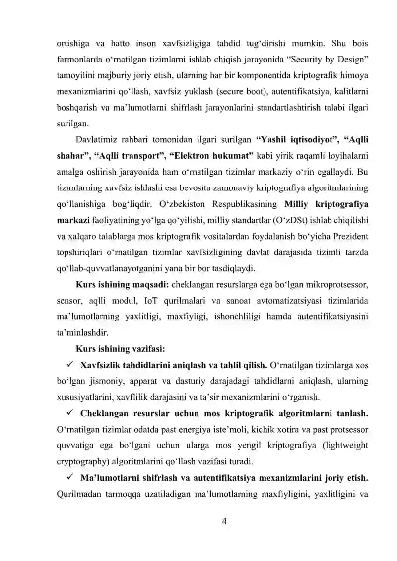 OʻRNATILGAN TIZIMLARDA XAVFSIZLIK MASALALARI VA KRIPTOGRAFIYA 3