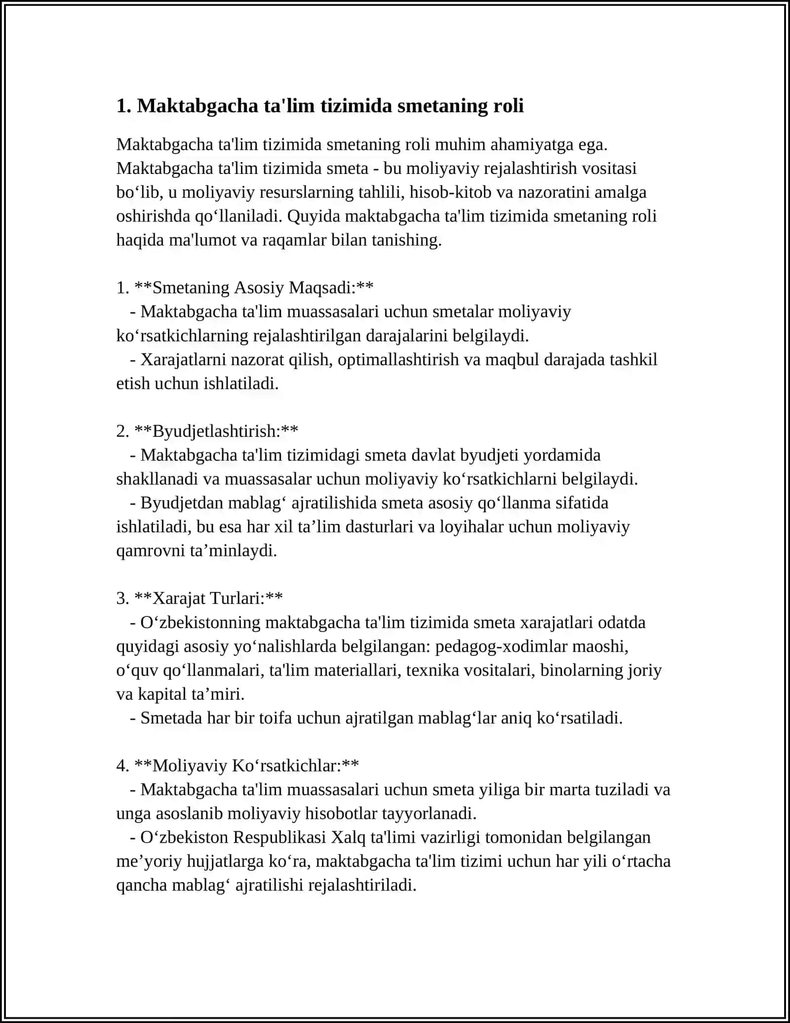"MAKTABGACHA TA'LIM MENEJMENTI BOYICHA SMETA DAVLAT MOLIYAVIY HUJJAT SIFATIDA" MAVZUSIDA 40BETLIK KURS ISHI 3