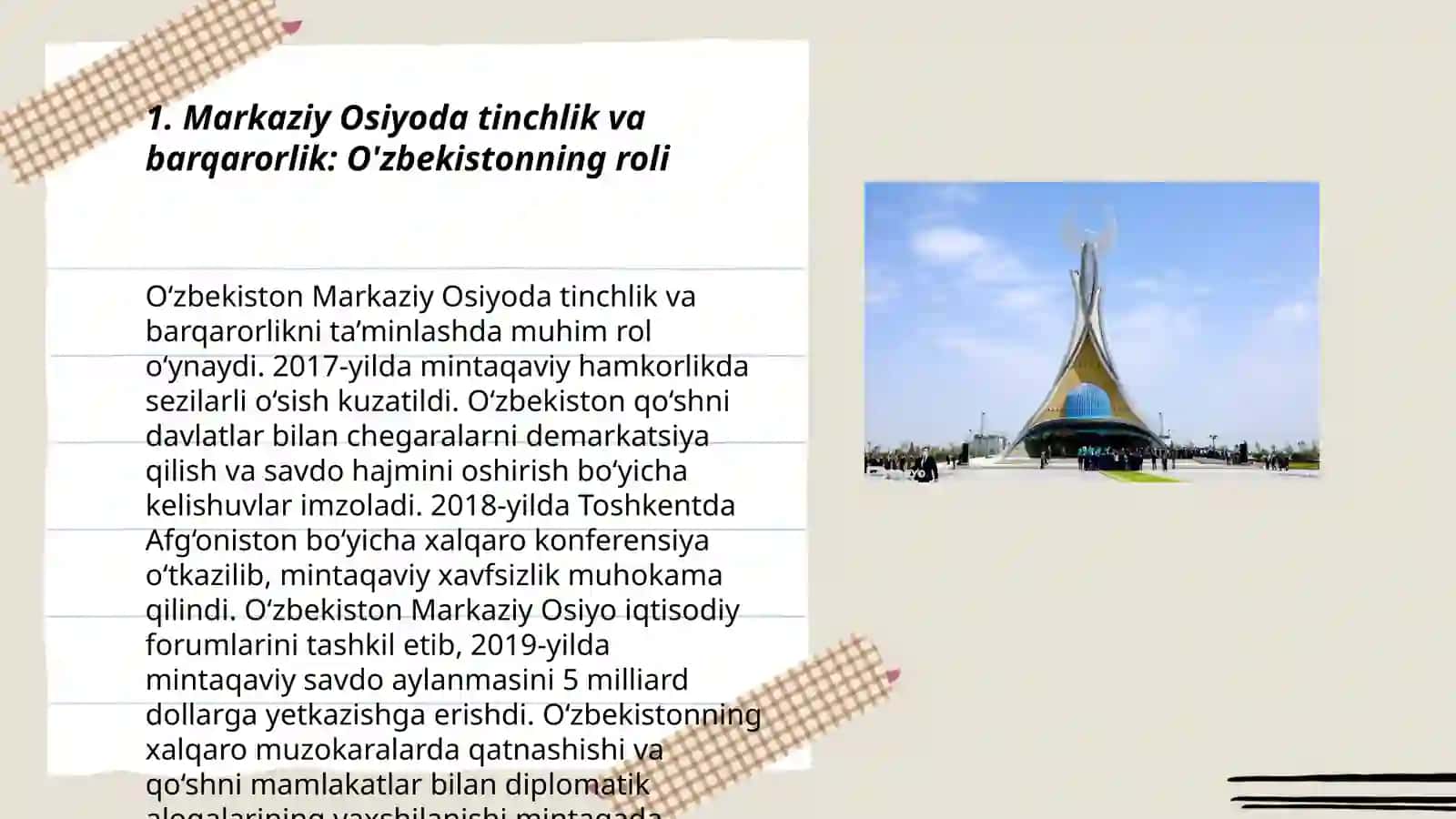 Oʻzbekistonning Markaziy Osiyoda tinchlik va barqarorlik: O'zbekistonning roli 3