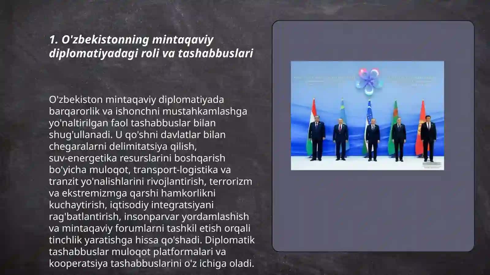 O'zbekistonning Markaziy Osiyoda tinchlik va barqarorlikni ta'minlashdagi o'rni 3