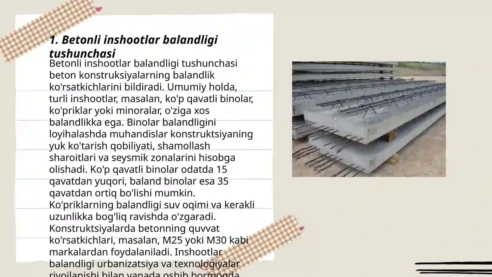 Betonli inshootlar balandlik markalari konstruksiyalarini oʻrganish 3