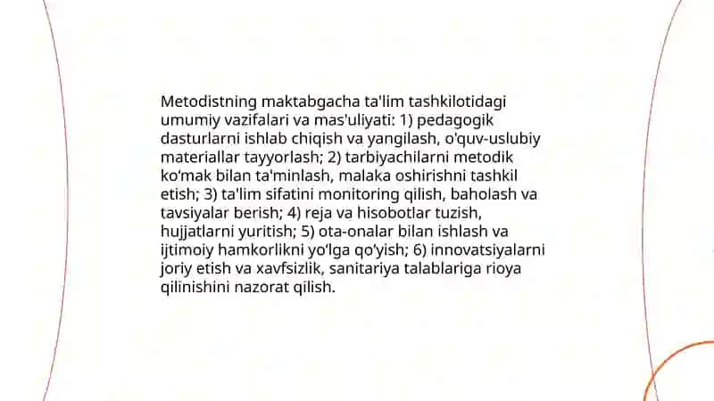 Metodistning maktabgacha ta’lim tashkilotidagi umumiy vazifalari va mas'uliyati 3