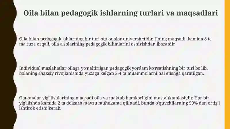 Pedagogking oila bilan olib boriladigan ish faoilayati 3