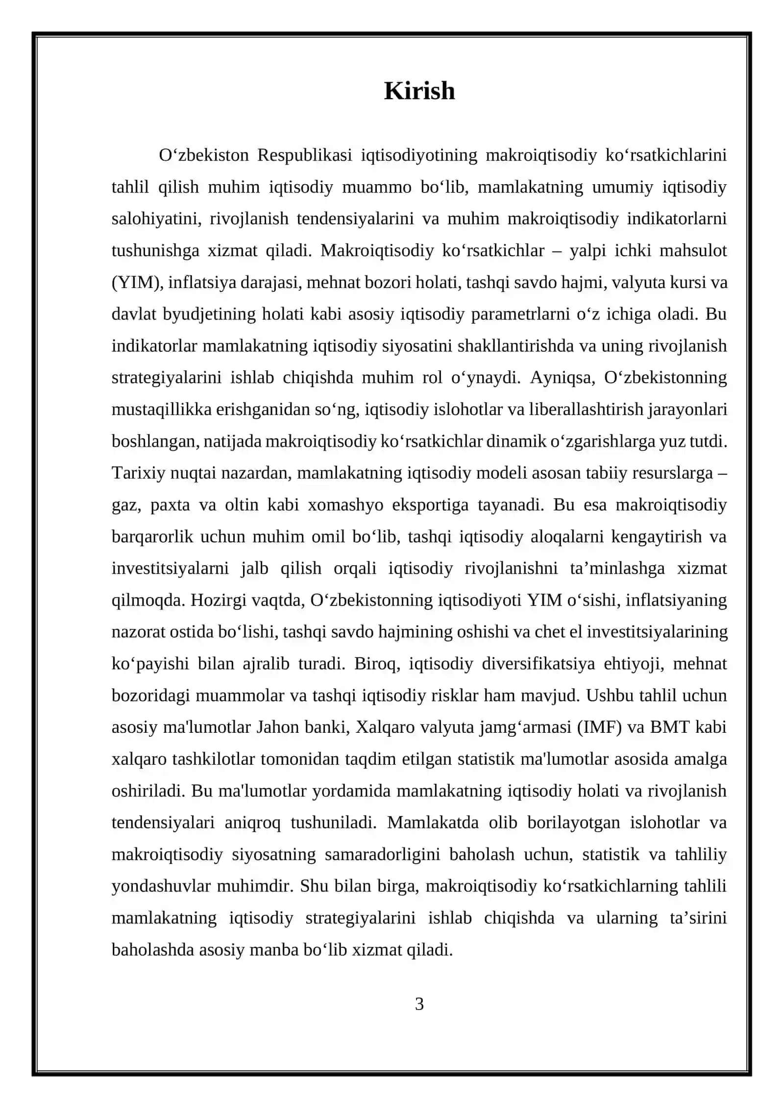 O‘ZBEKISTON RESPUBLIKASINING MAKROIQTISODIY KO‘RSATKICHLARI TAHLILI 2025-2026 O'quv Yili 3