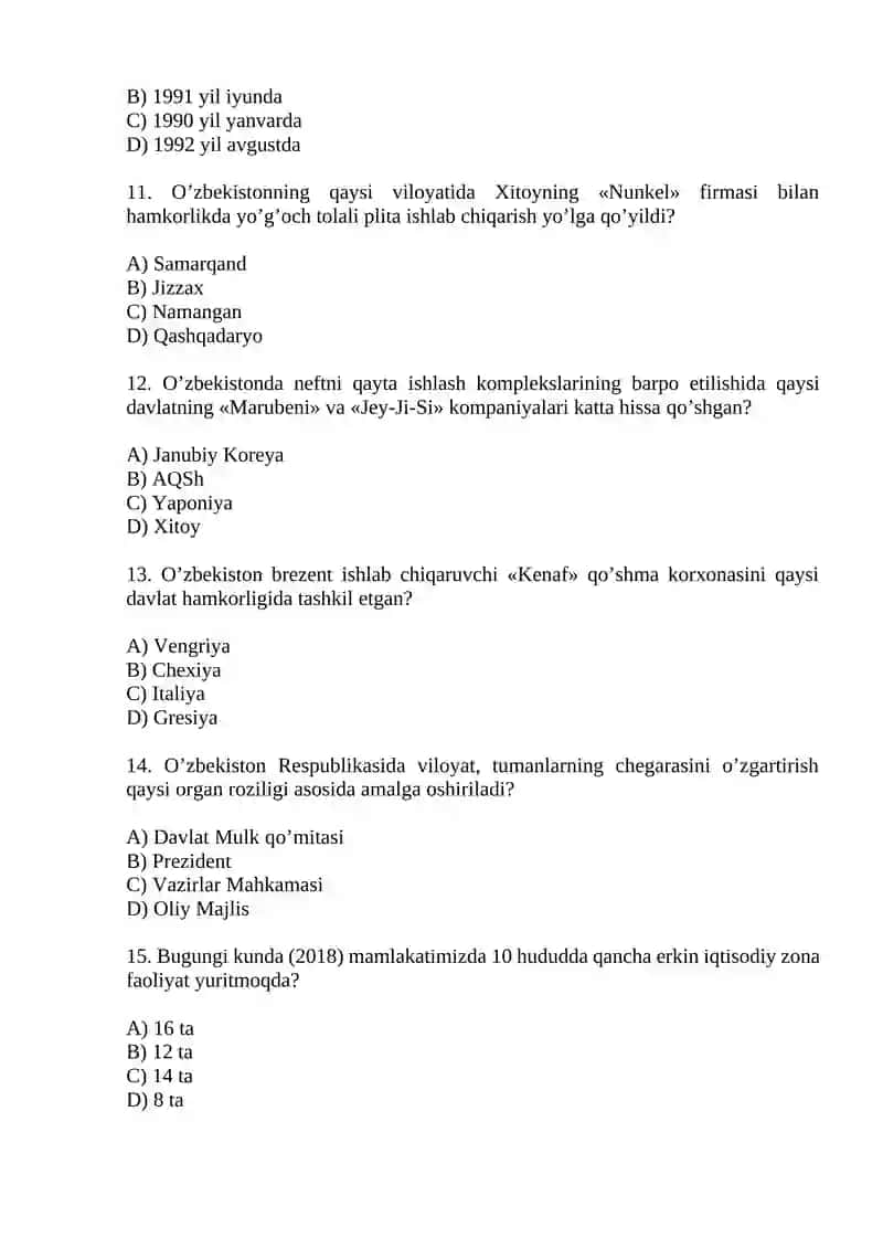 Mustaqillik yillarida O‘zbekistondagi ijtimoiy-iqtisodiy o‘zgarishlar. Test savollari. 3