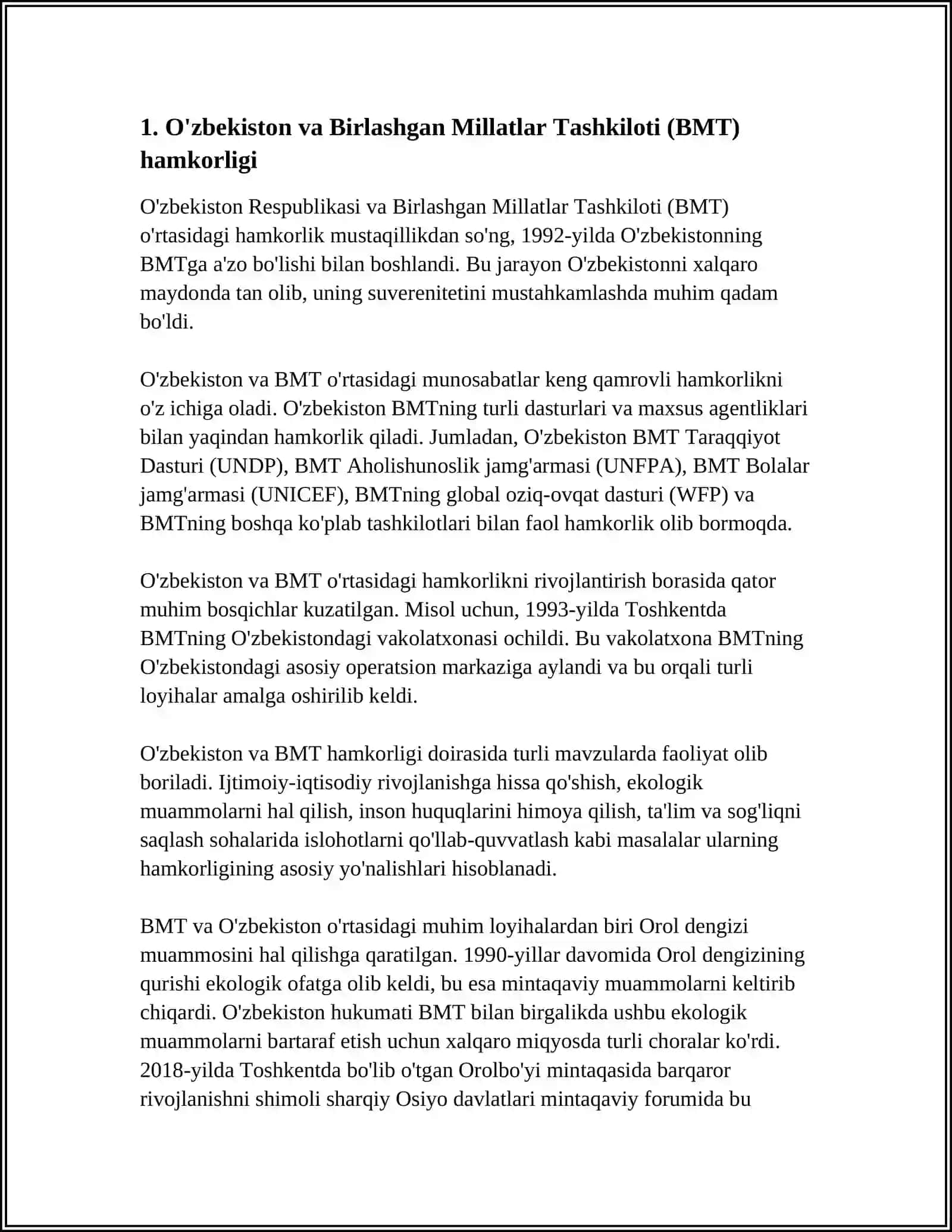 O'ZBEKISTONNING XALQARO TASHKILOTLAR BILAN HAMKORLIK ALOQALARI 3