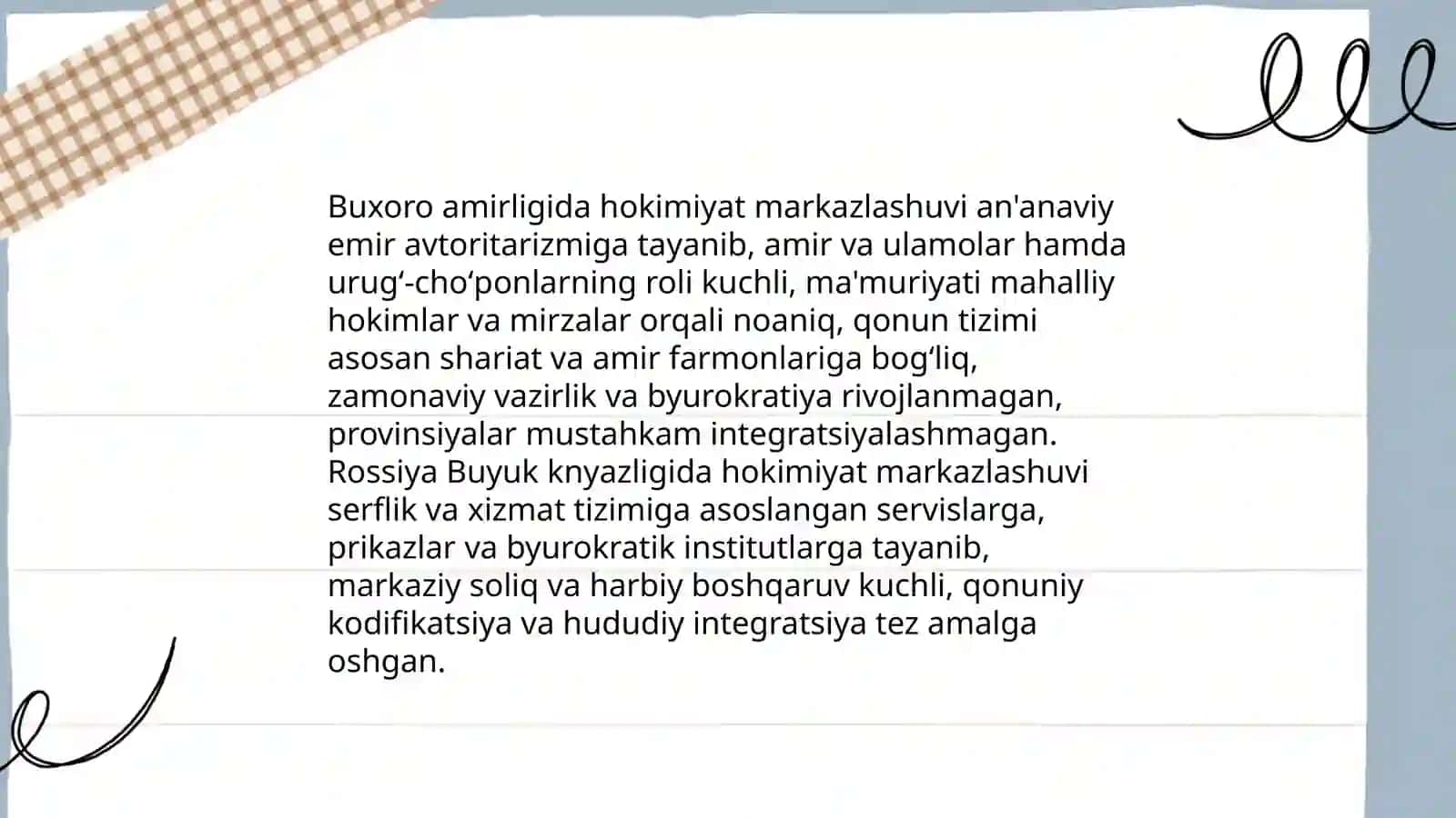Buxoro amirligi taraqqiyoti va shu davrda Rossiya Buyuk knyazligi taraqqiyot bilan taqqoslash 3