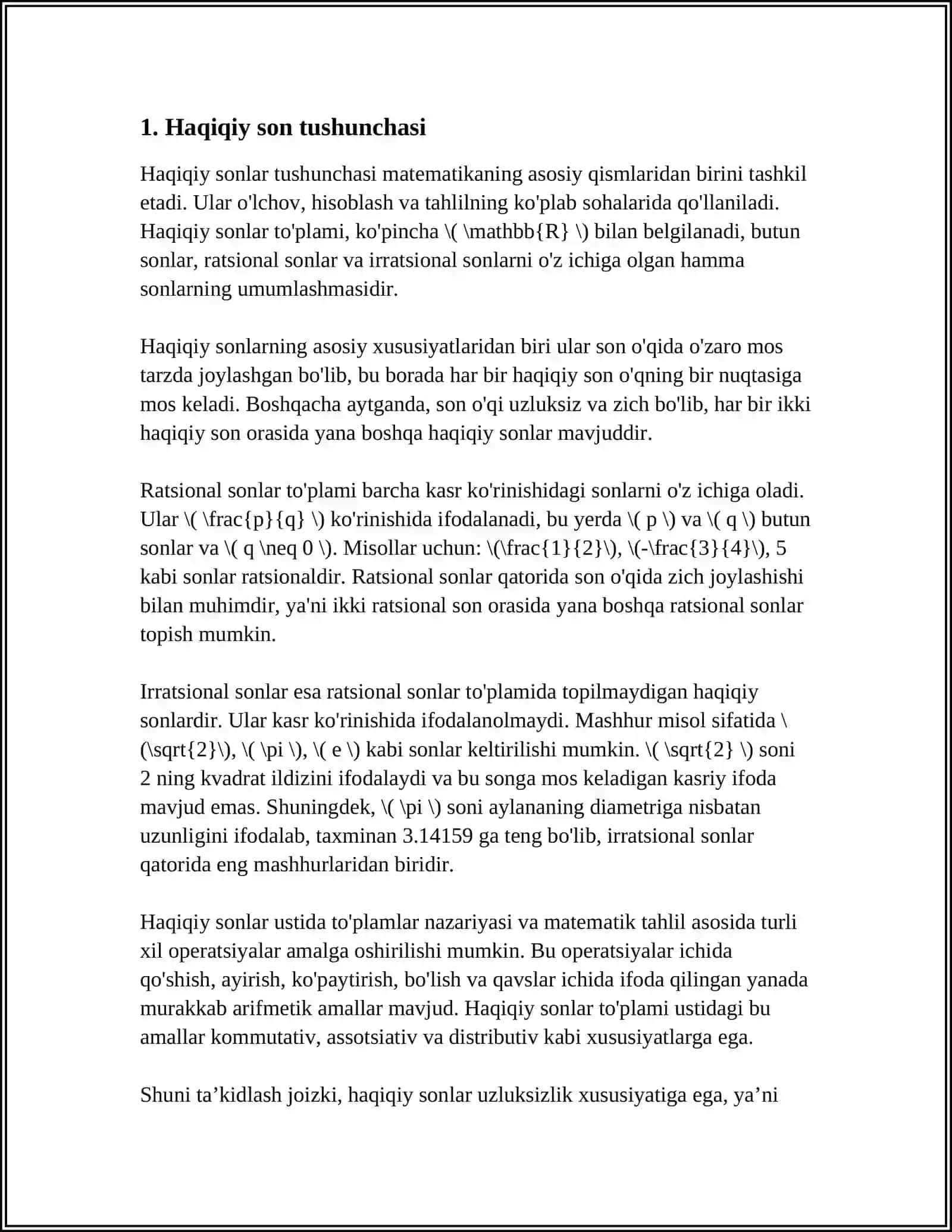 HAQIQIY SON TUSHUNCHASI.HAQIQIY SONLAR TOʻPLAMI VA UNING XOSSALARI.HAQIQIY SONLAR TOʻPLAMINING TOʻLALIGI HAQIDA TEOREMA ISBOTI 3
