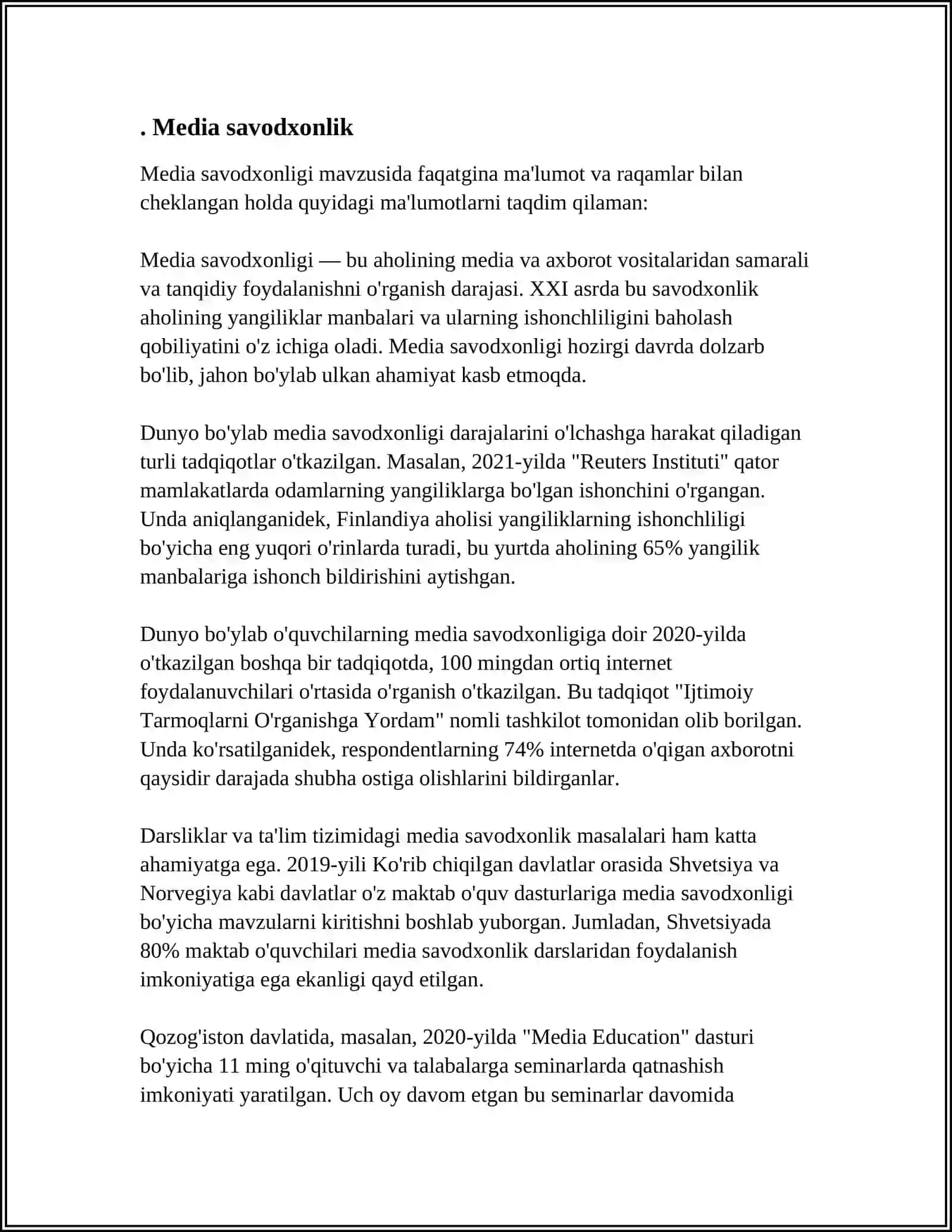 MEDIA SAVODHONLIK VA AXBOROT MADANIYATINING TARIXIY EVOLYUTSIYASI MAVZUSI BO'YICHA 20TA KRASSVORD 3