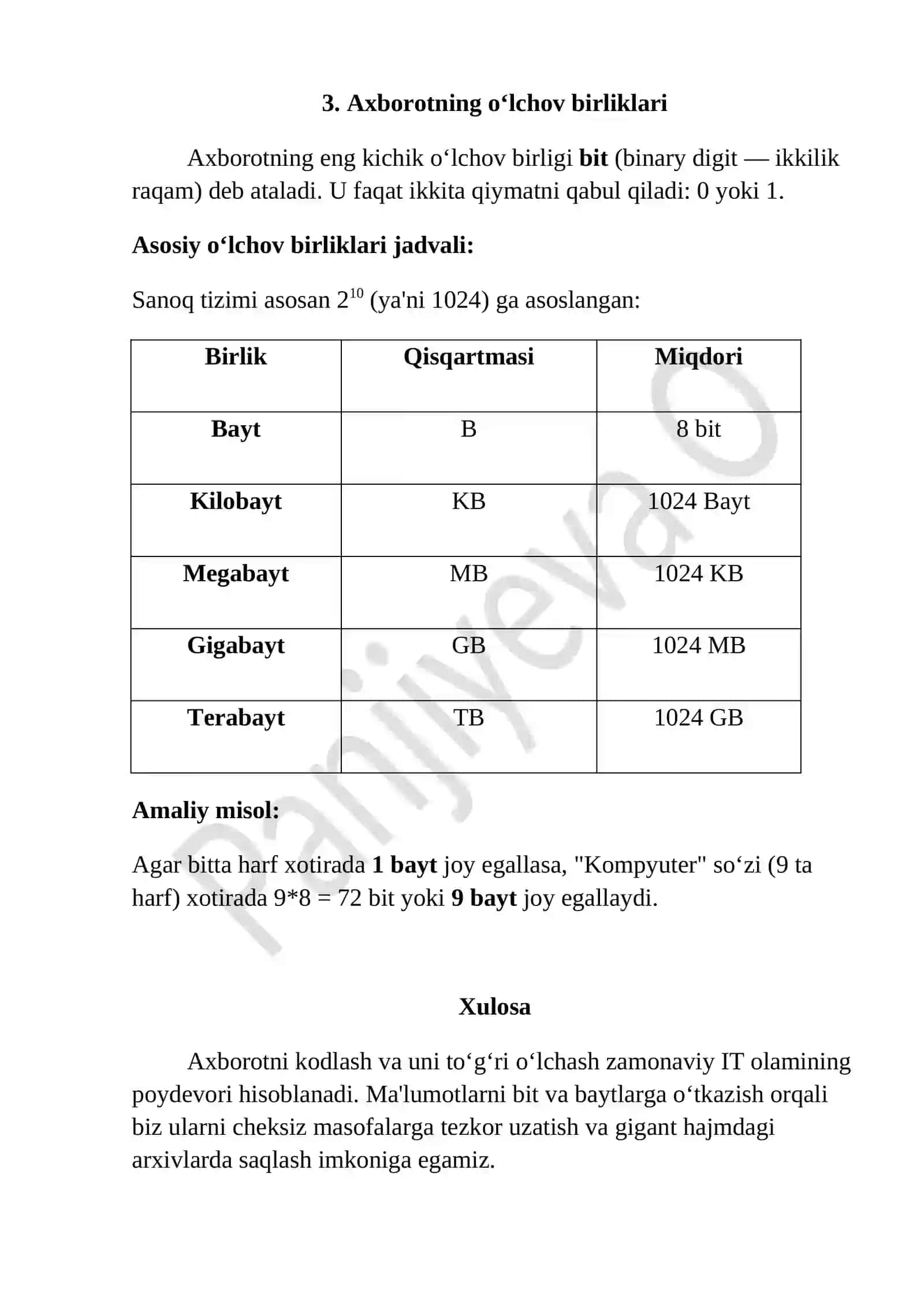 Axborot. Axborotni kodlash turlari. Axborot o`lchov birliklari 3