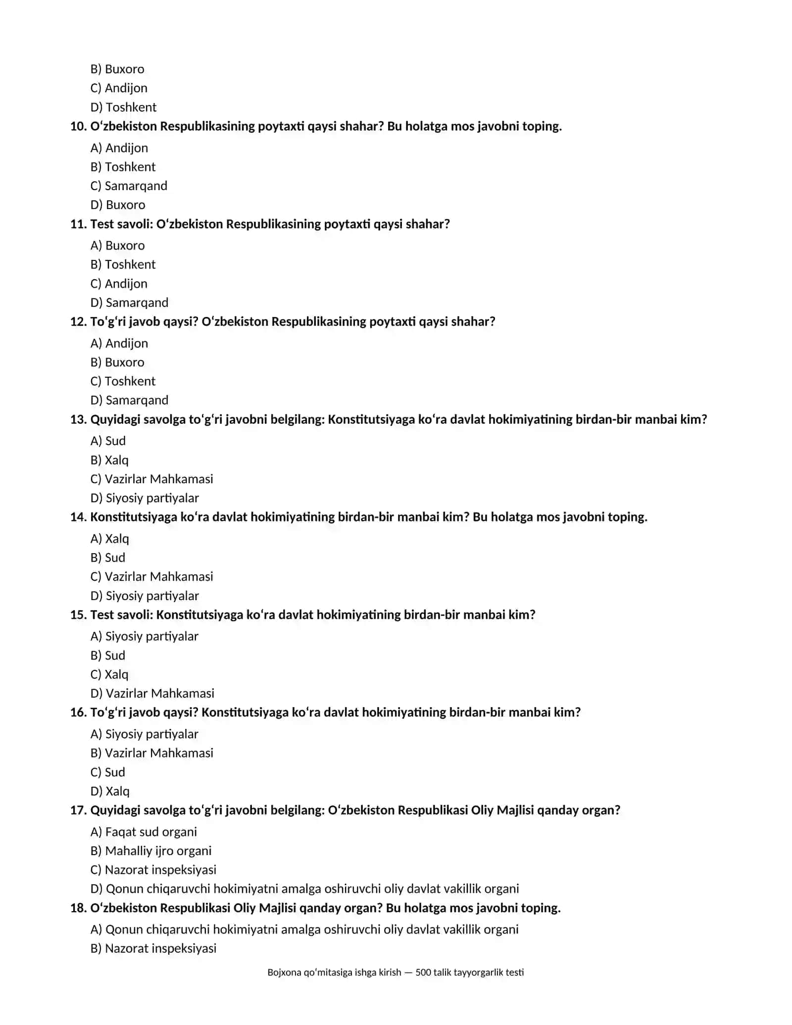 bojxonaga ishga kirish dastlabki test 500 Talik Test Bazasi 3