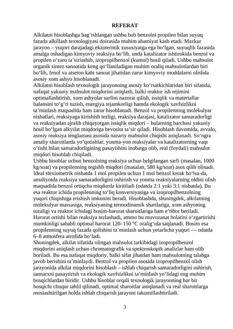Benzolni propilen bilan suyuq fazada alkillash texnologiyasidagi alkilatni hisoblash. 3