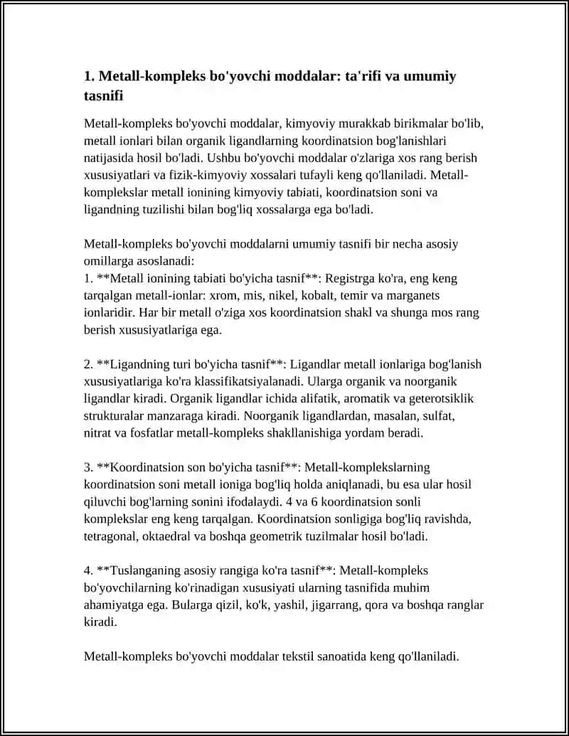 METTALLKOMPLEKS BÒYOVCHI MODDALAR OLINISHI TUZILISHI VA XOSSALARI 3