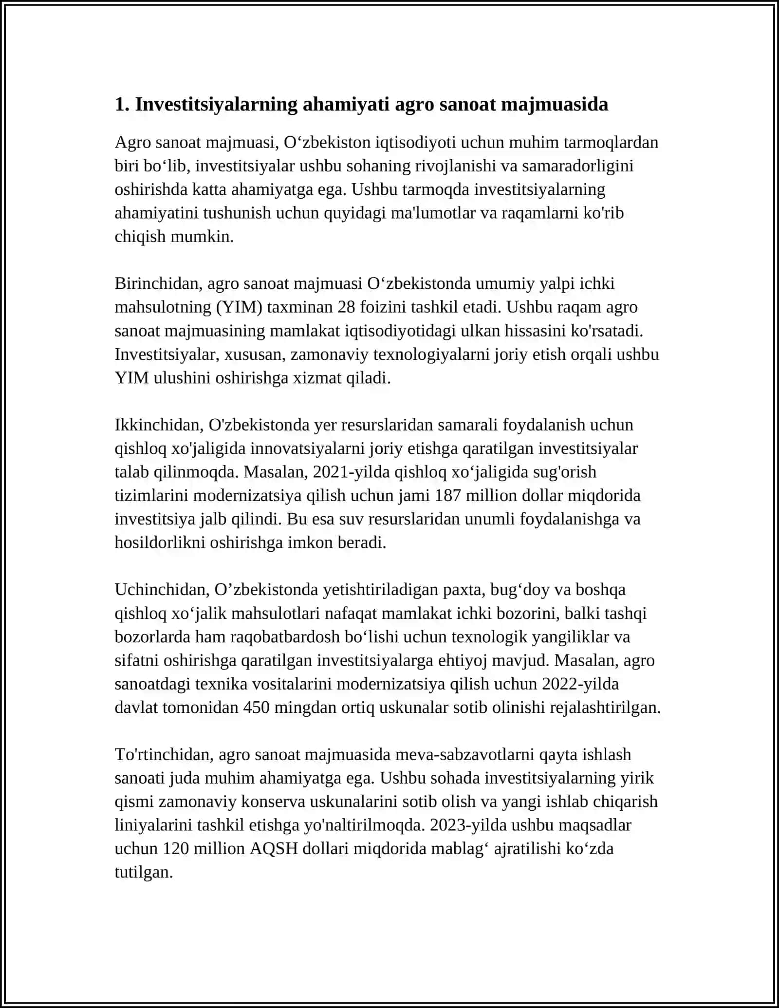 AGROSANOAT MAJMUASIDA INVESTITSIYALAR VA ULARNING SAMARADORLIGI 3