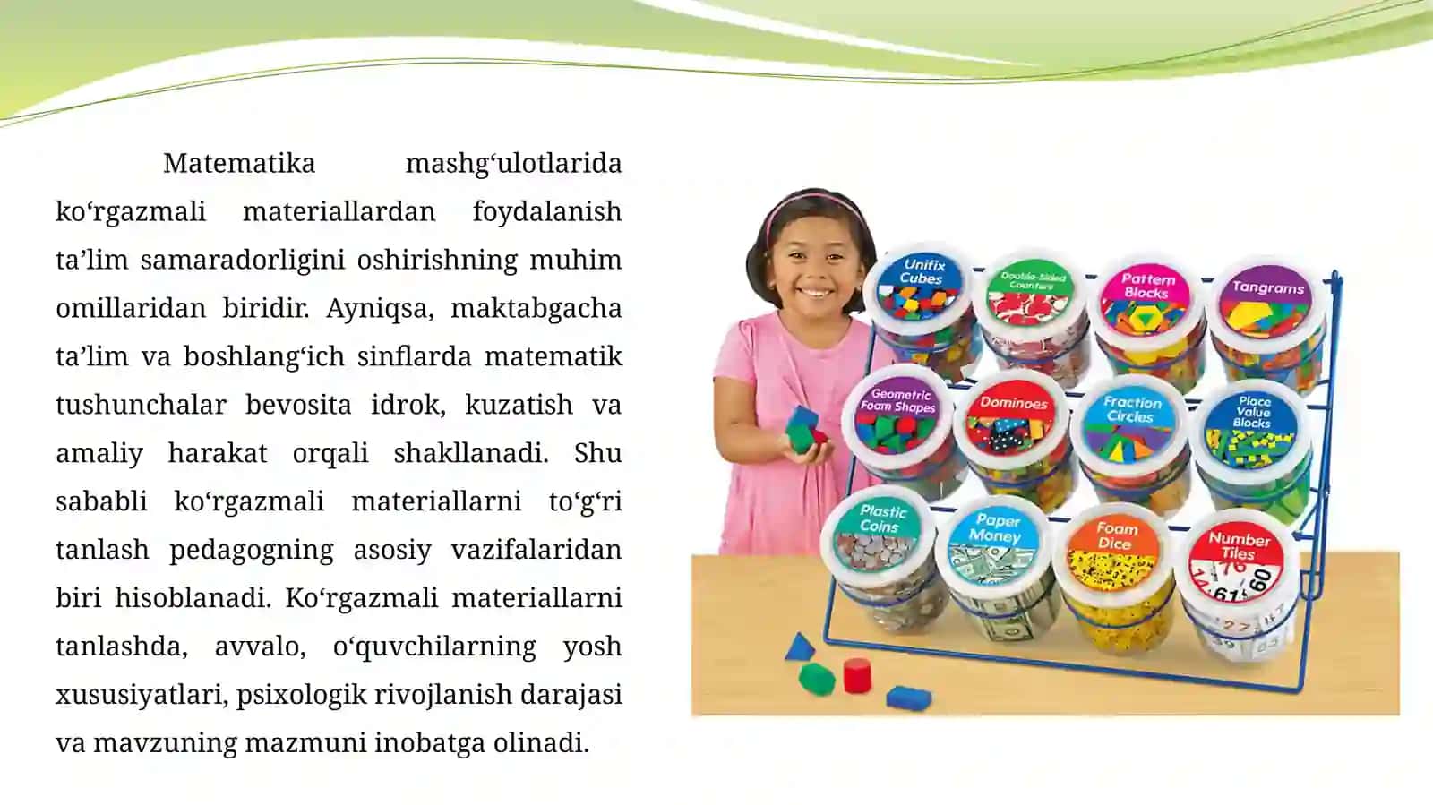 Matematika mashg‘ulotlarida ko‘rgazmali materiallar tanlash, tayyorlash va matematik tasavvurlarni shakllantirishda ko‘rgazmali materiallarning ahamiyati 3